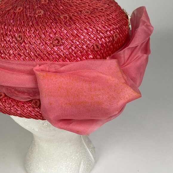 Vintage Lazarus Paris Pink Straw Raffia Hat Sheer Ribbon & Bow Accent Millinery main image 6